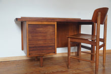 Load image into Gallery viewer, Vintage Mid Century Modern tambour door desk with black laminate top