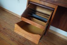 Load image into Gallery viewer, Vintage Mid Century Modern tambour door desk with black laminate top

