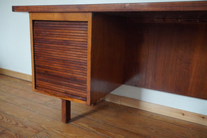 Vintage Mid Century Modern tambour door desk with black laminate top