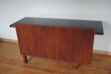 Load image into Gallery viewer, Vintage Mid Century Modern tambour door desk with black laminate top

