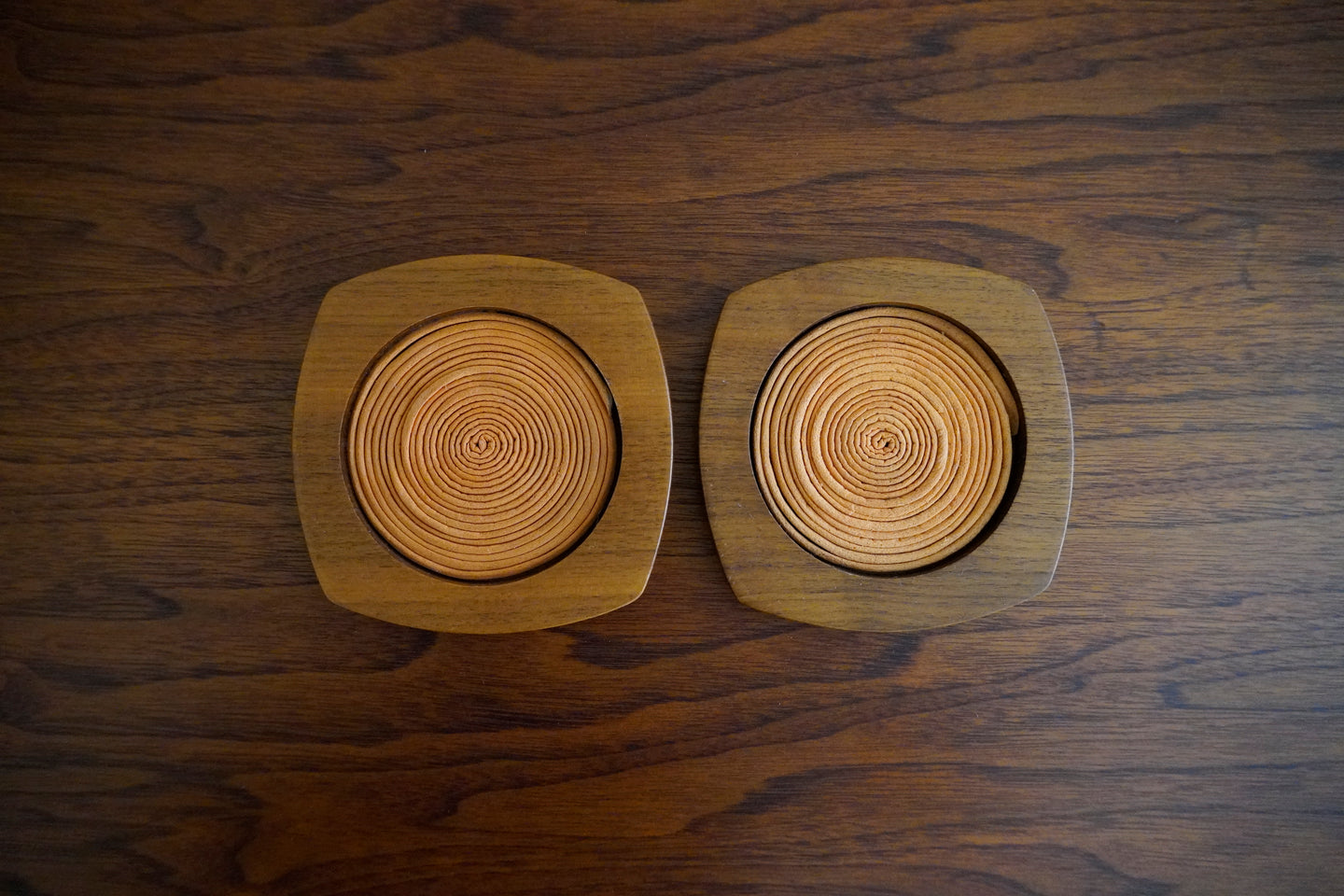 Mid century wood spiral coasters